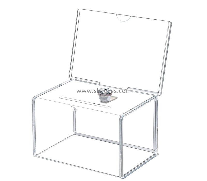 Custom acrylic charity box with lock key and sign holder BDB-310