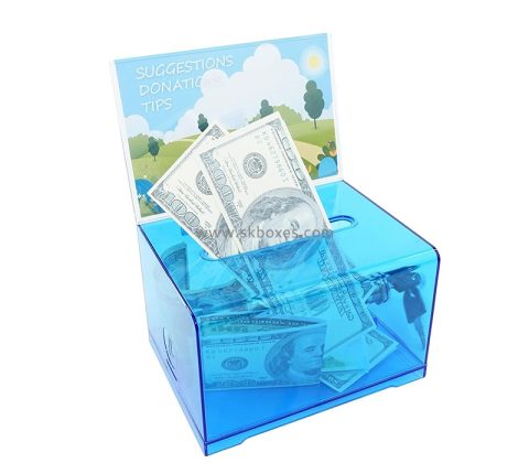 Custom acrylic money donation box with lock and sign holder BDB-313